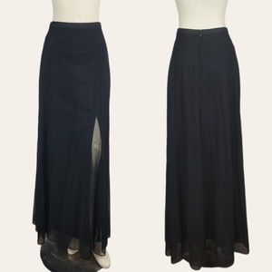 VTG Tadashi Black Maxi Tulle Evening Formal Mesh Overlay skirt 2 Slits Sheer 6